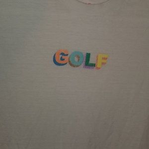 White Golf tee! Rainbow lettering, slightly used super comfortable!